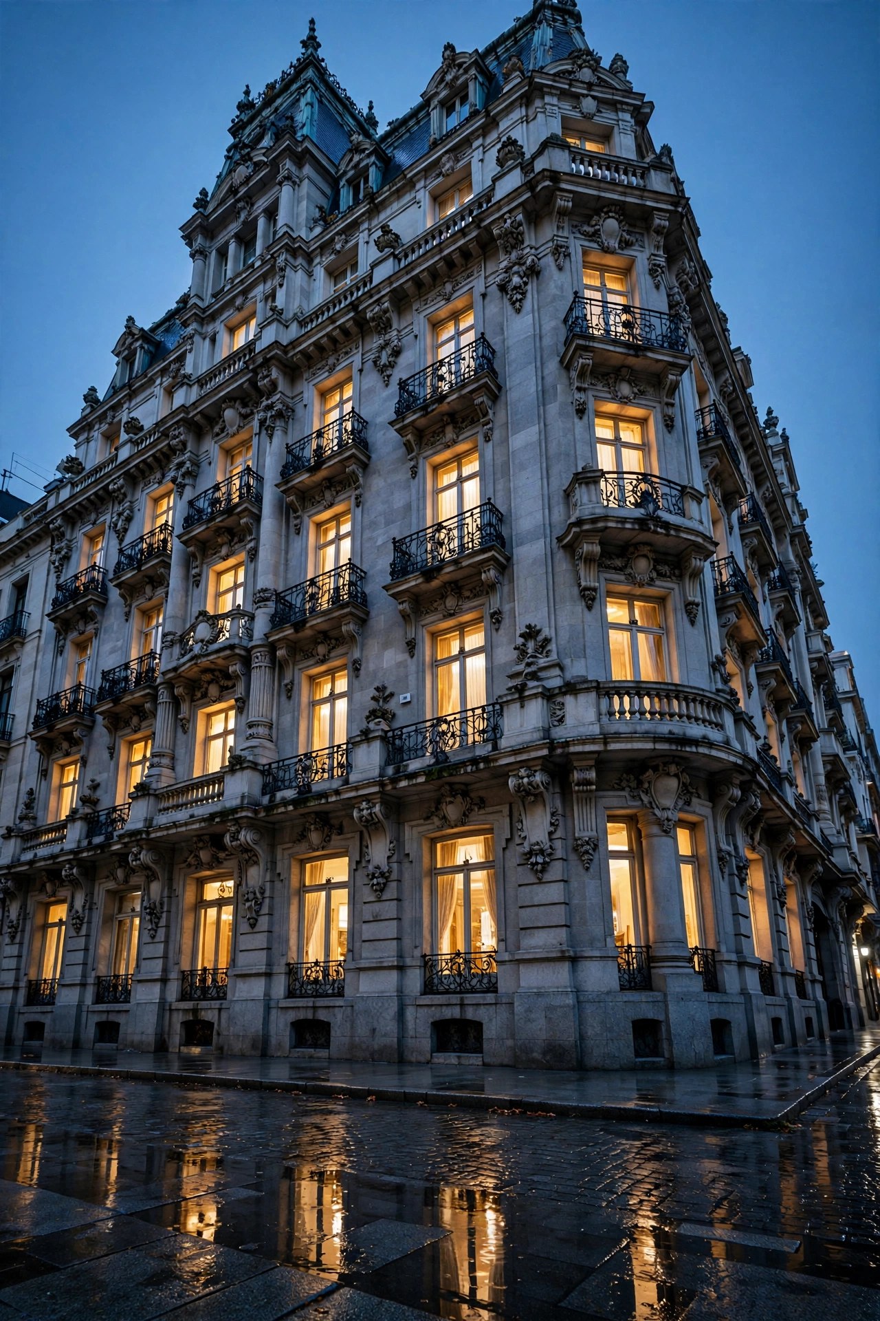 Upmarket hotel facade at blue hour