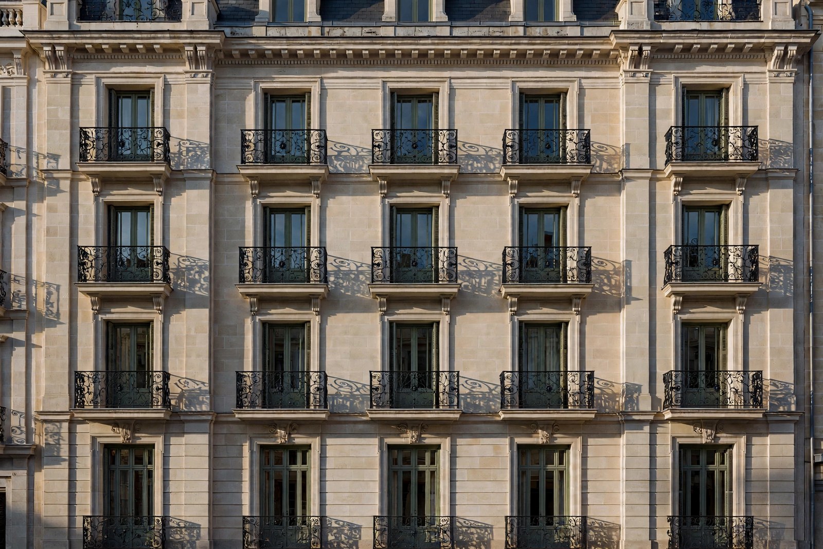 Residential building with shutters, raking light