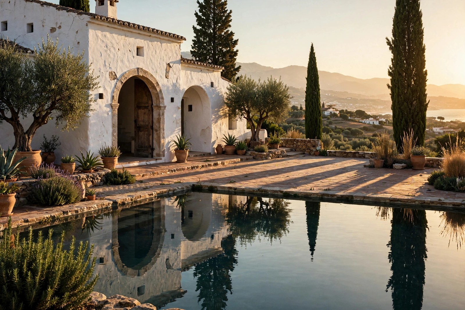 Mediterranean villa and pool at sunset
