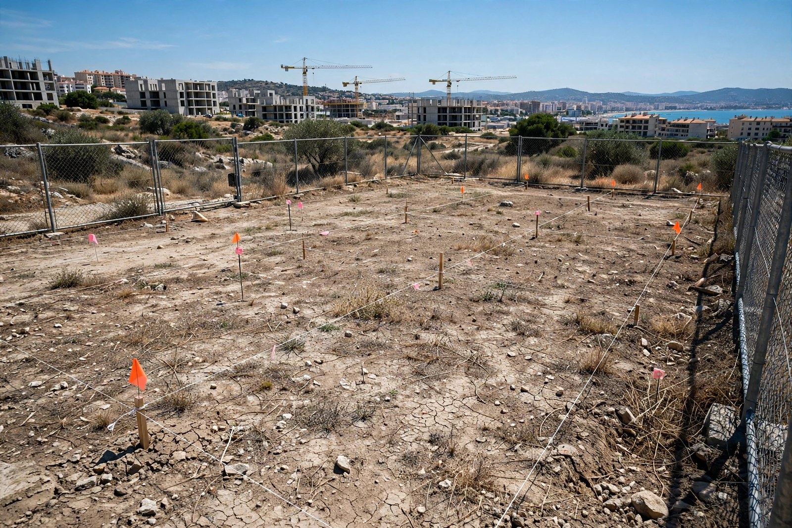 Marked buildable plot, city and cranes in the distance